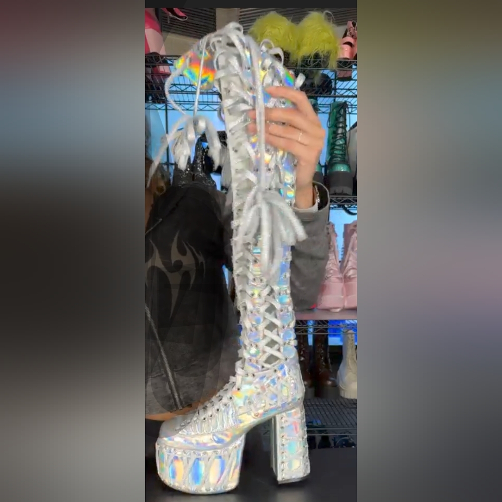 Sz 9 Rude Awakening Thigh High Holographic Boots